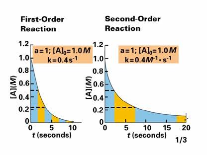 Second-Order Reactions We can show that the half life t 1 = 2 1 [ A] 0 A reaction can have rate constant expression of the form rate = [A][B], i.e., is second order overall, but has first order dependence on A and B.