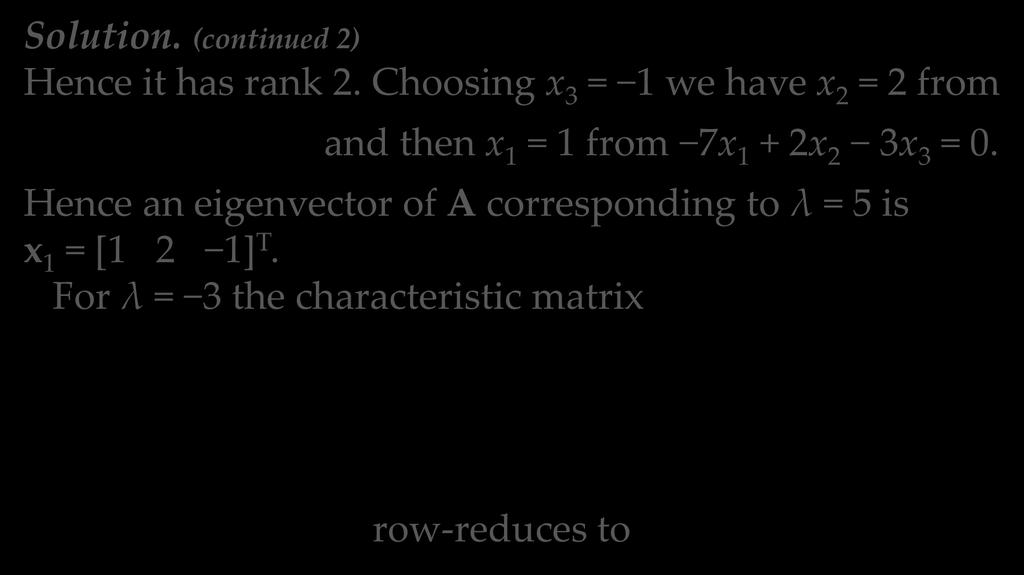 Solution. (continued 2) 8.1 The Matrix Eigenvalue Problem. Determining Eigenvalues and Eigenvectors EXAMPLE 2 Multiple Eigenvalues (continued 3) Hence it has rank 2.