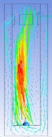 Figure 11 shows air velocity vectors coming out of the computational domain due to the degassing condition at the outlet boundary, which forces air to flow out of