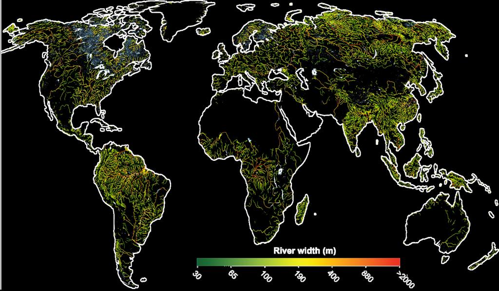 Global River Widths from Landsat (GRWL) 58 million measurements of rivers 30 meter resolution River width at mean flow Improved location
