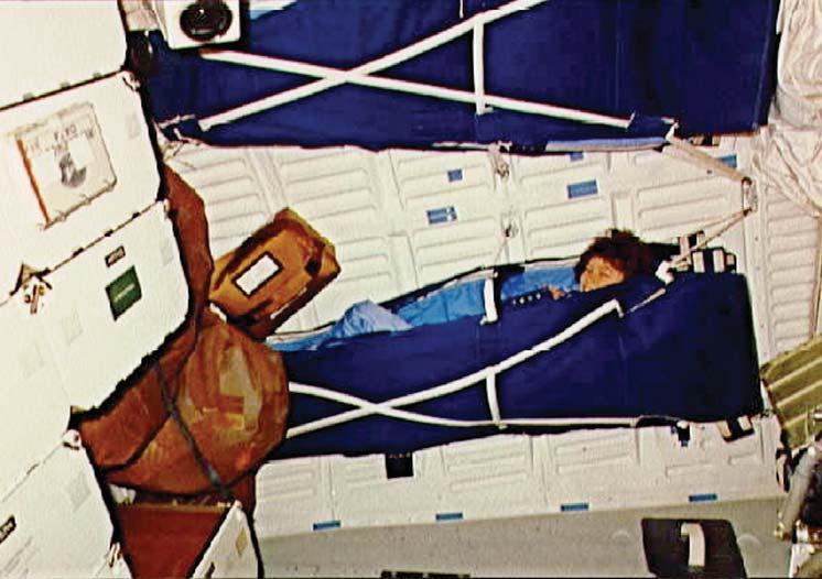 Since the ISS has so little gravity, astronauts must attach their sleeping bags to a wall or seat to prevent them from floating around the cabin as they sleep (Figure 1).