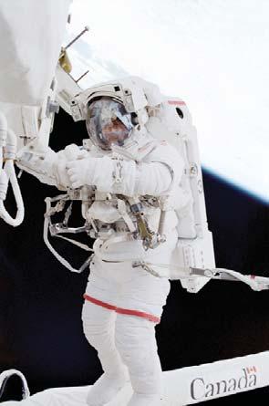 A gold visor on the helmet protects the astronaut s eyes from the blinding sunlight. Oxygen tanks provide oxygen for about seven or eight hours.