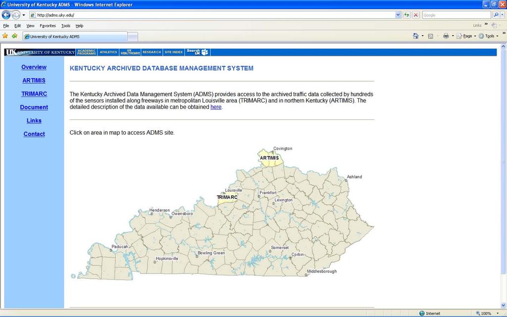 Figure 2-1 Kentucky ADMS homepage As a measure for quality control and assurance, detector data has been screened using a set of criteria developed by the Texas Transportation Institute as part of
