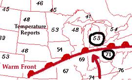 4 46) The boundary between two air masses is called a. a. dog b. *front c. tornado 47) Along a front, the weather is usually: a. clear b.