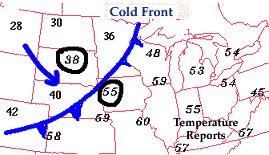 a cold air mass is pushing away a warm air mass in front of it. b. *a warm air mass is pushing away a cold air mass in front of it. 50) On a weather map, the symbol for a warm front is: e.