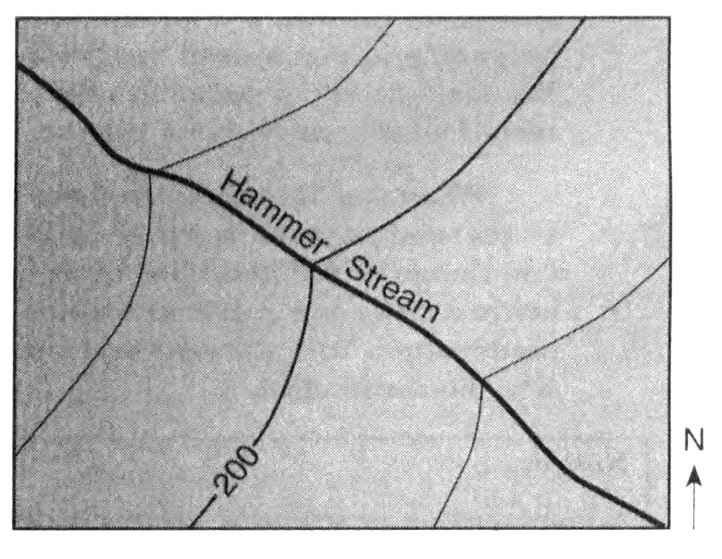 34. The topographic map below shows part of a stream. In which general direction is the stream flowing?
