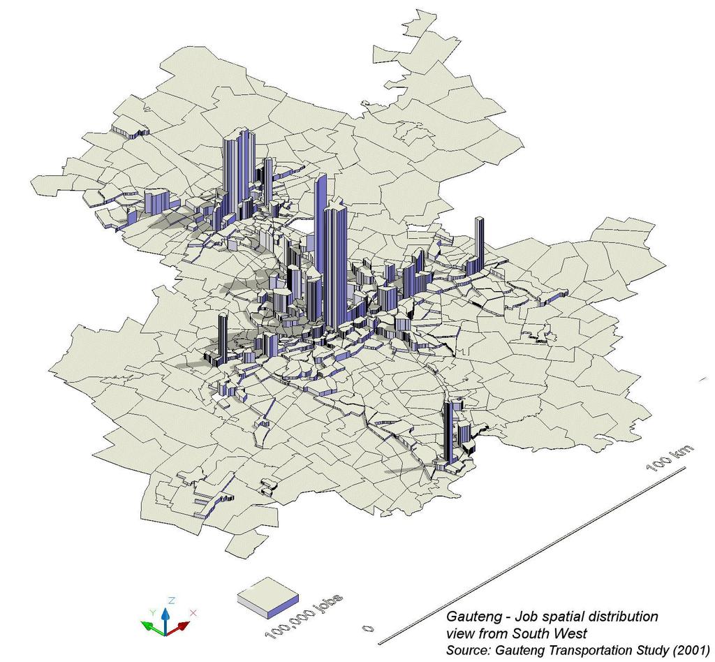 3D representation of the spatial distribution of jobs in Gauteng area showing