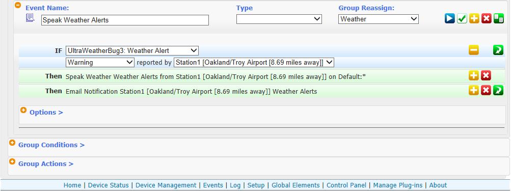 UltraWeatherBug3 HSPI Triggers UltraWeatherBug3 Alert Trigger This option allows you to trigger a HomeSeer event when a new weather alert is issued.