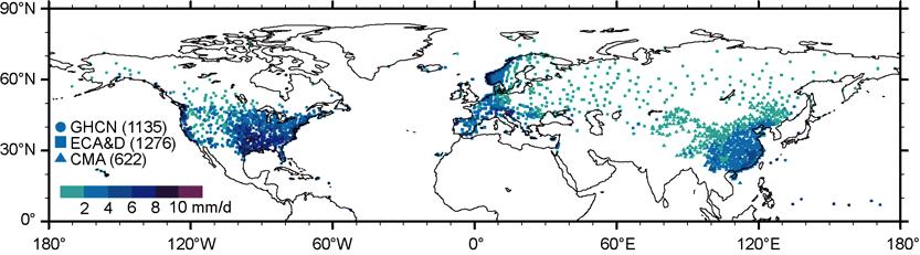 1404 Huang G, et al. Chin Sci Bull April (2013) Vol.58 No.12 Figure 1 The locations of 3033 precipitation stations and the thresholds for light rain events (the 50th percentile, mm/d).