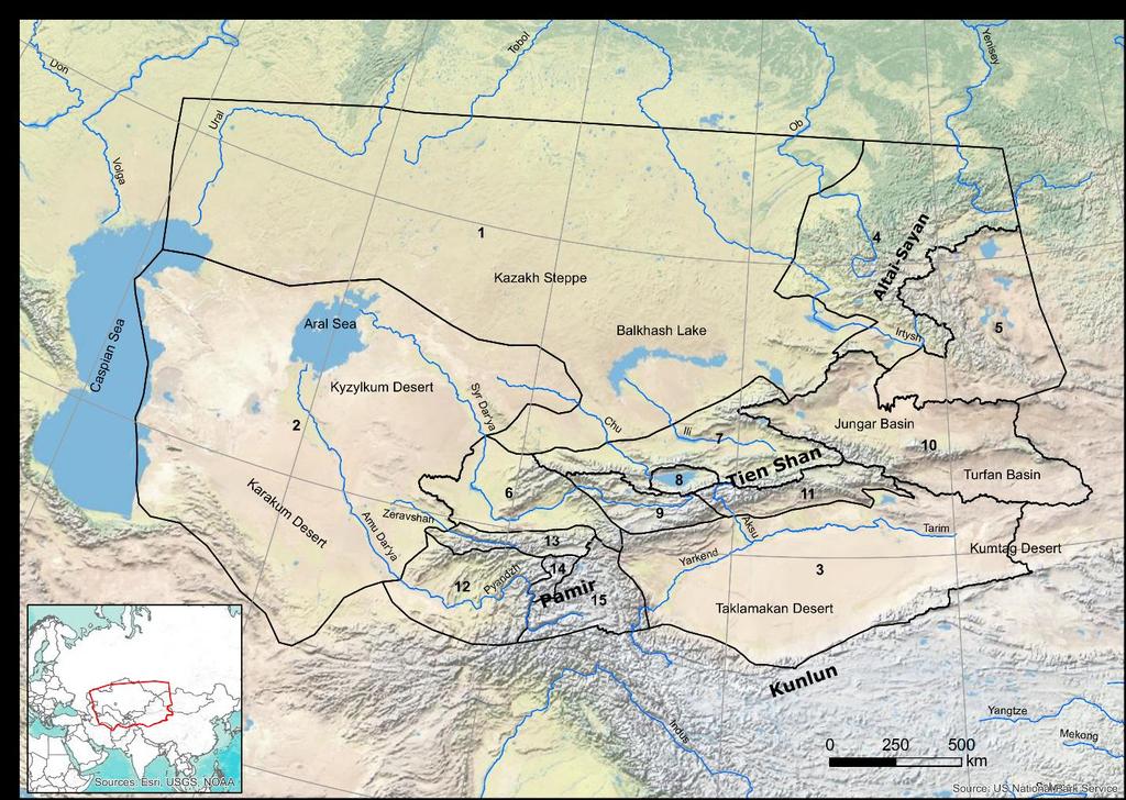 The Central Asia study area and climatic regions 1. Kazakh Steppe (KS), 2. Aral-Caspian Desert (AD), 3. Tarim (TR), 4. Siberian Altai-Sayan (SA), 5. Mongolian (MA) Altai, 6. Western Tien Shan (WT), 7.