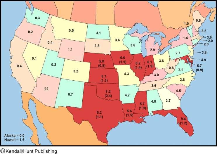 Average annual number of tornadoes per 10,000 square miles occurring in each state in the US over the 52-yr period during 1953-2004 >5 (red): TX, OK,