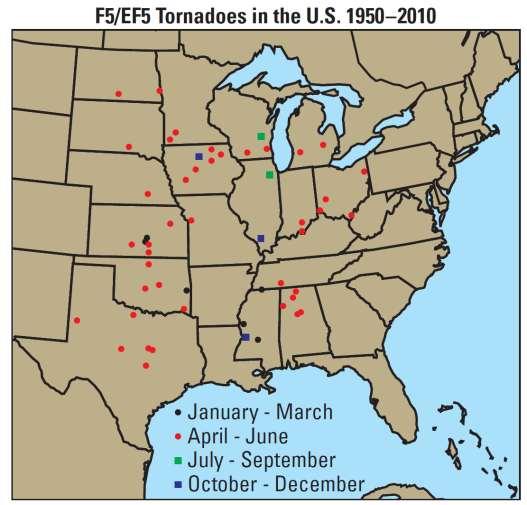 1) All EF5 tornadoes occurred on the Plains between the Rocky and Appalachian Mountains, with many
