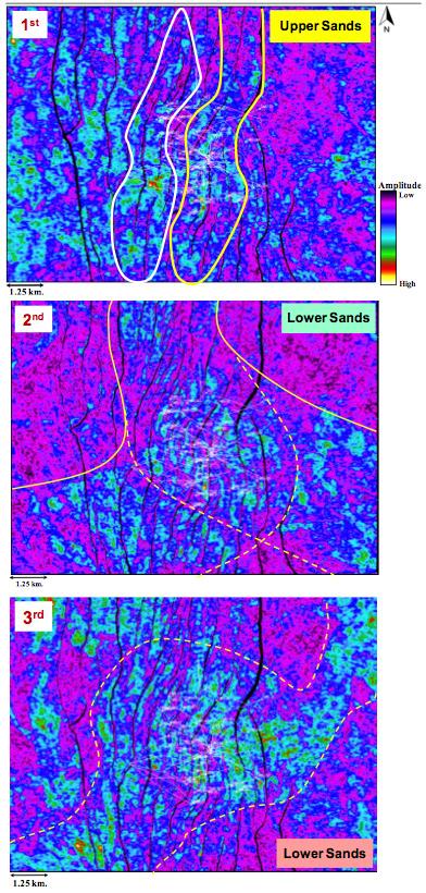 Discussion Figure 8. Three RMS amplitude map covering upper and lower sand systems which indicate meandering features and orientation.