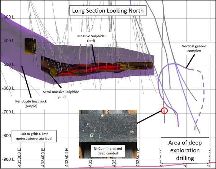 Figure 3 Eagle East long section showing the outline of Eagle East mineralization and the deep target area of continued drilling.