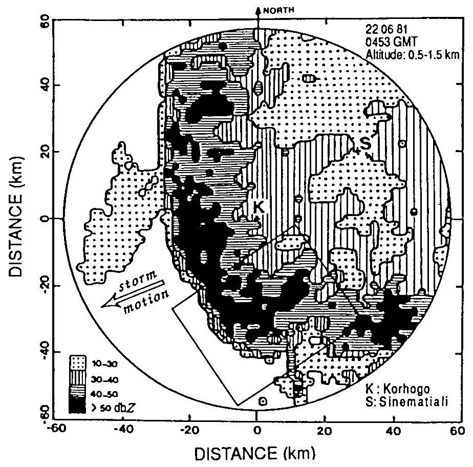 Successive locations of radar reflectivity contours in a tropical squall line. From Chang et al.