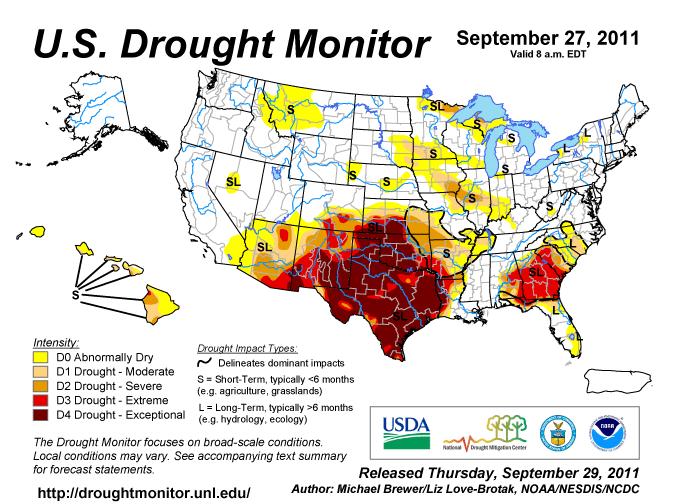 Figure 5. Example map of the U.S. Drought Monitor from the drought assessment issued for the week preceding September 27, 2011.