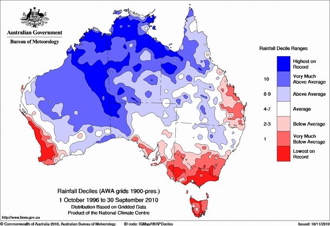 In the most recent drought, south-eastern Australia (Victoria, parts of New South Wales and South Australia) experienced low rainfall from 1997 to 2009, known as the Big Dry or Millennium Drought