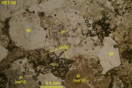 limonite (lm) in matrix rich in sericite (ser) ±chlorite (?). Transmitted plane light, field of view ~1.5 mm wide.