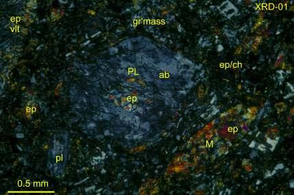 26 XRD-01: Hypabyssal porphyry composed of euhedral relict plagioclase (PL) and mafic (M, possibly originally pyroxene or amphibole?