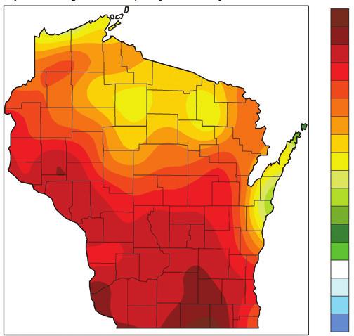 Spring: Springtime temperatures are projected to increase by 3-9 F by the mid-21 st century, with the largest increases across northern and central Wisconsin.
