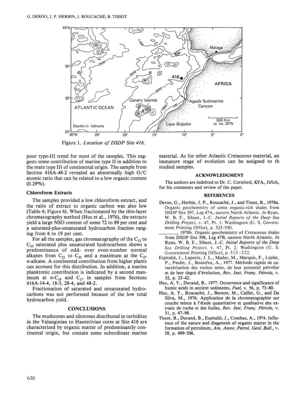 G. DEROO, J. P. HERBIN, J. ROUCACHE, B. TISSOT 40 N AFRICA ir Submarine '. Canyon Φ.: Cape Bojador 500 Km at lat. 20 N 30 W 25 20 15 Figure 1. Location of DSDP Site 416.