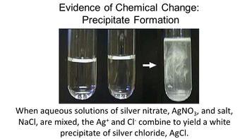 Evidence of Chemical Change Precipitate Forms: The formation of a precipitate can be evidence of a chemical change. A precipitate is an insoluble compound formed out of a solution.