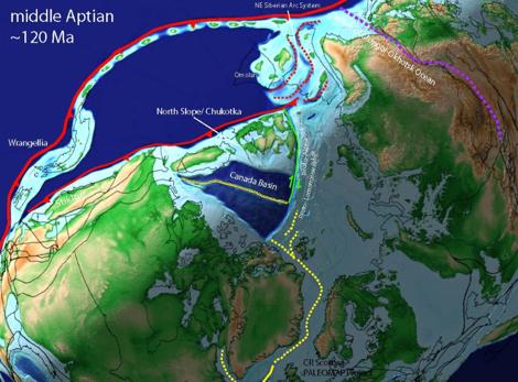 27 Figure 18: First stage of Amerasia Basin Opening broken up into three stages (100 Ma, 120 Ma, 150 Ma). Canada Basin. Yellow dotted line is Canada Basin seafloor spreading.