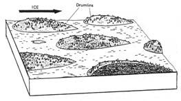 Drumlins - unsorted teardrop-shaped hills that point in