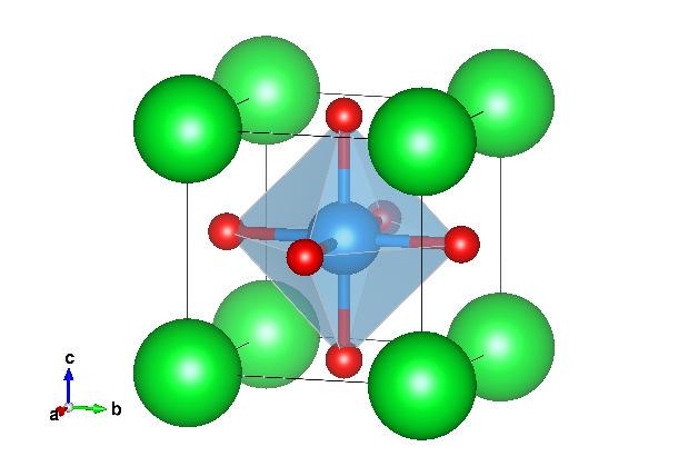 FIG. 2.1: Ideal cubic of ABO 3 perovskite structure. A-sites ion is marked green, B-sites ion is light blue, and oxygen atoms are red t = r A + r O 2(rB + r O ) (2.