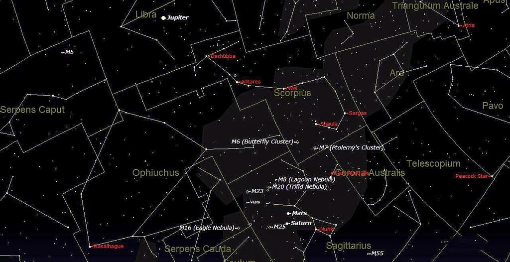 high in the sky in Libra, Scorpius is below it and below that is the constellation of Sagittarius with the planets Mars and Saturn. Note these will continue to rise higher in the sky until dawn.