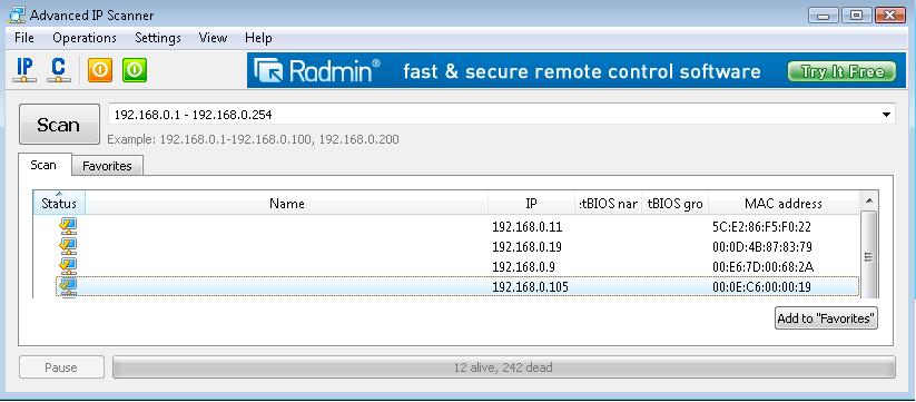 Figure 9 shows typical scan results. Locate the IP address of the ObserverIP by cross referencing the Mac address. In the example below, the IP address is 192.168.0.105.