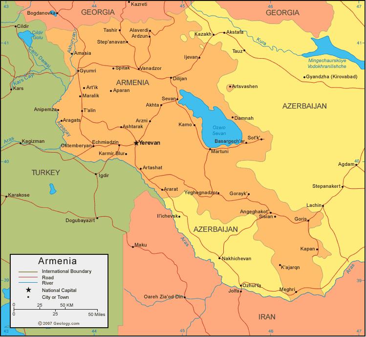ARMENIA: GEOGRAPHICAL AND SEISMIC CONTEXT Armenia is landlocked in the South Caucasus, located between the Black and Caspian Seas, Armenia is bordered on the north and east by Georgia and Azerbaijan,