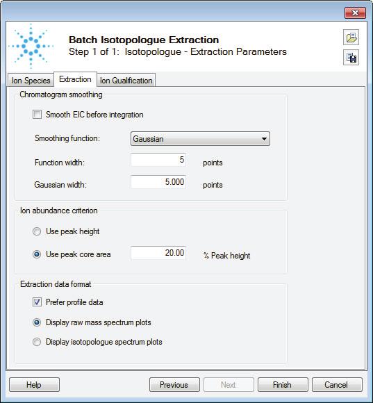 After choosing settings and selecting Finish, the batch isotopologue extraction is automatically performed. All results from data processing can be saved as a Profinder project (.