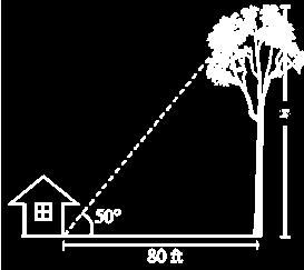 In the figure below, when the sun s angle of elevation is 50, the tree casts a shadow 80 feet long. Which can be used to find the height of the tree? A. sin 50 = 80 x C. cos 50 = 80 x B.
