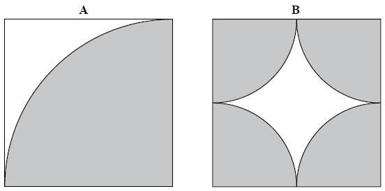 Q8. The diagrams show two identical squares. Diagram A shows a quarter of a circle shaded inside the square.
