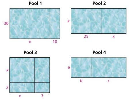Below are diagrams of pools with swimming and diving sections. The dimensions are in meters. For each pool, what are two different by equivalent expressions for the total area?