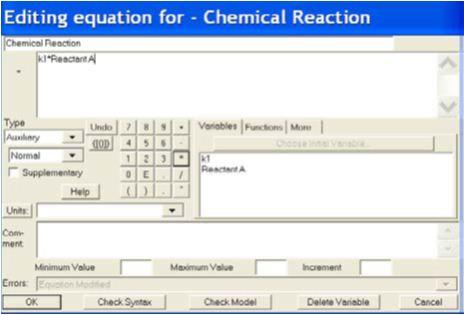 a. Click on Reactant A, and type in 1000 for the initial value. Click OK b. Click on Reactant B, and type in 0 for the initial value. Click OK. c. Click on k1, and type in 1 in the = box. Click OK. d.