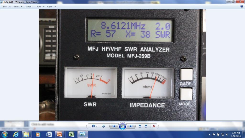 What Does The MFJ 259B Measure? F (SWR=2:1) = 8.61 MHz: Expected values: X = j2pfl + 1/(j2pFC) = j71.3 +1/(j27.8x10-3) = j71.