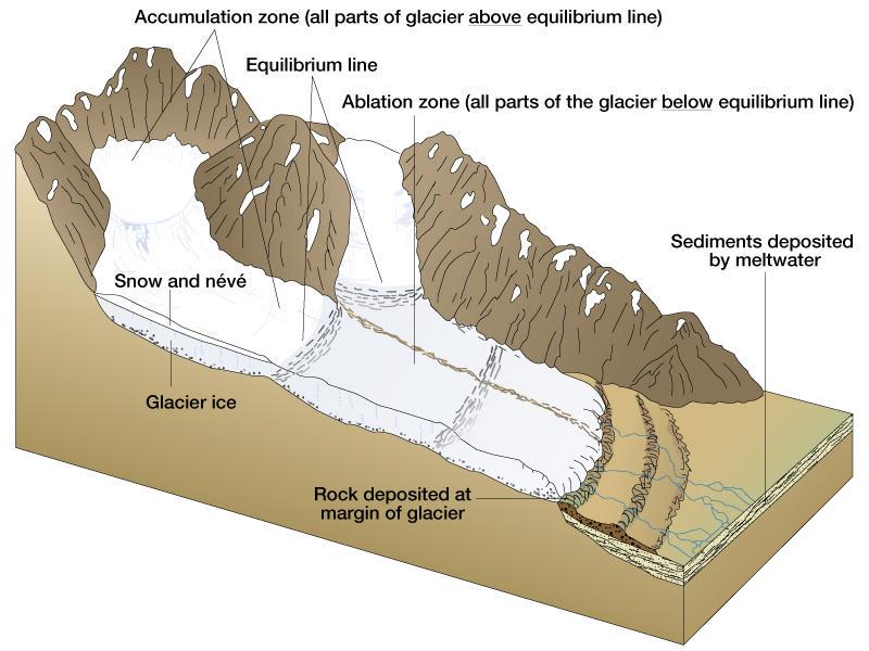 Valley glaciers mass balance results from interplay of: 1) accumulation of snow above equilibrium line and transformation of snow crystals to firn and