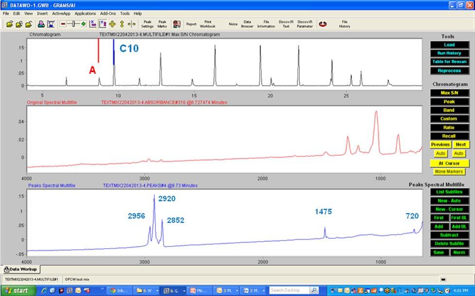 The figure below is a screenshot of the DiscovIR-GC monitor displaying the max band chromatogram in the top panel.