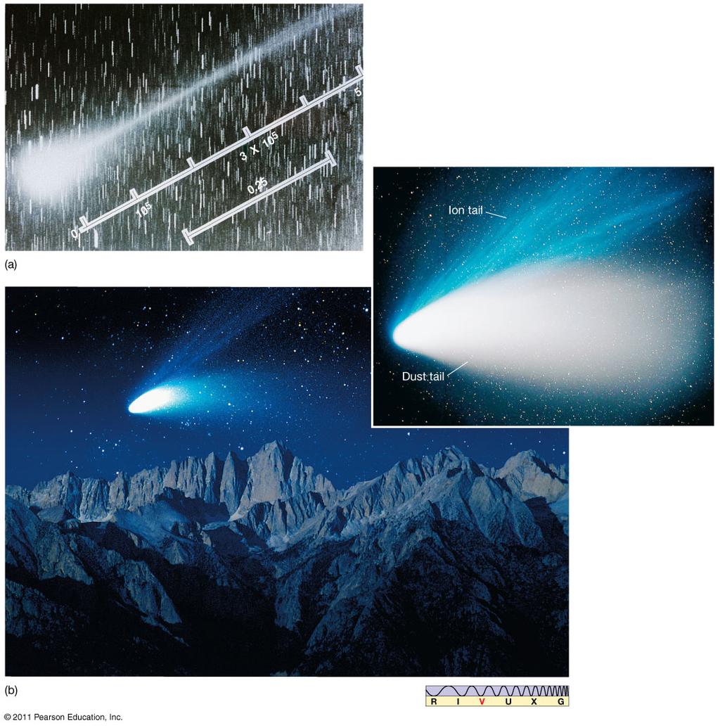 14.2 Comets The comet s tail always points away from the Sun, due to the solar wind. The ion tail is straighter than the dust tail. Figure 14-9. Comet Tails (a) A comet with a primarily ion tail.