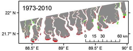 2011 Brammer, 2014 Distinct geomorphic regions of the delta Fan delta Alluvial floodplain Fluvial backwater DEM Elevation (m) Tidal deltaplain Madupur Terrace backwater reach Q s < S Fan