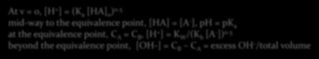 Acid-base titration (weak acid titrated by a strong base) At v = 0, [H + ] = (K a [HA] 0 ) 0.