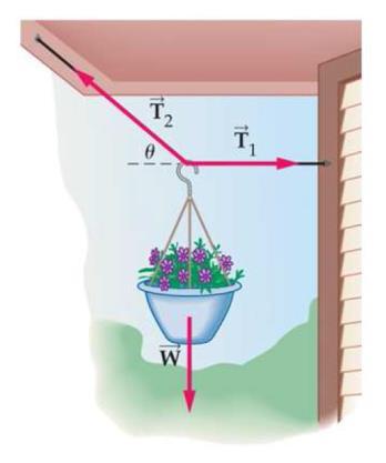 14. To hang a 6.0 kg pot of flowers, a gardener uses two wires - one attached horizontally to a wall, the other sloping upward at an angle of = 40.