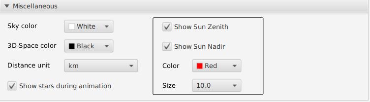 zenith and nadir points, distance unit, sky and space color, and animation parameters.