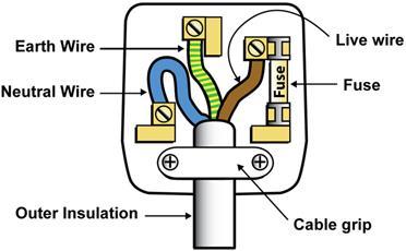 (i) describe the wiring in a mains plug Wiring in a mains plug Description The cable is made up of 3 wires: the live, netural and earth wires Wire Colour Explanation Live Brown Wired into the pin on