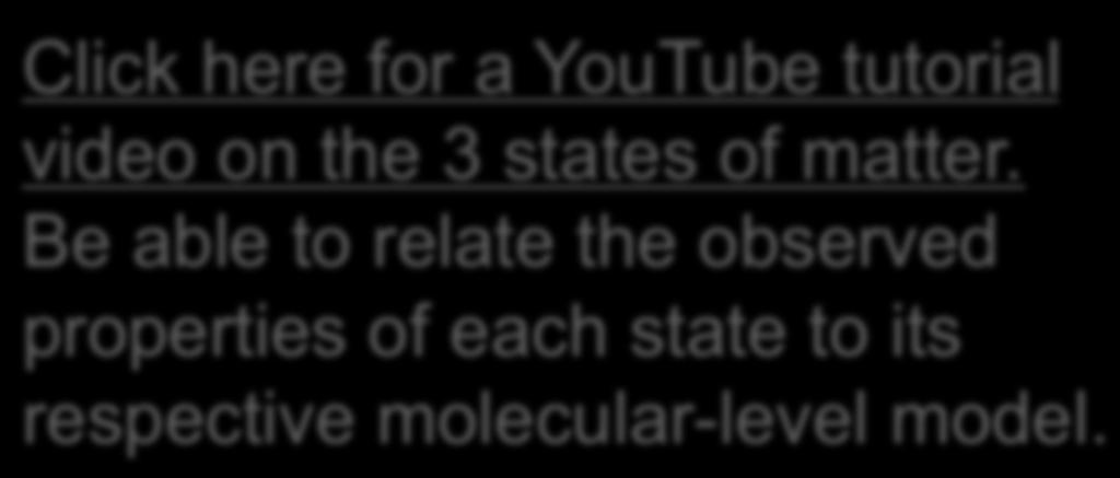 Classification of According to State Three states of chemical matter: Ø Solid (e.g. ice) Ø Liquid (e.g. water in its standard state) Ø Gas (e.g. water vapor) Click here for a YouTube tutorial video on the 3 states of matter.