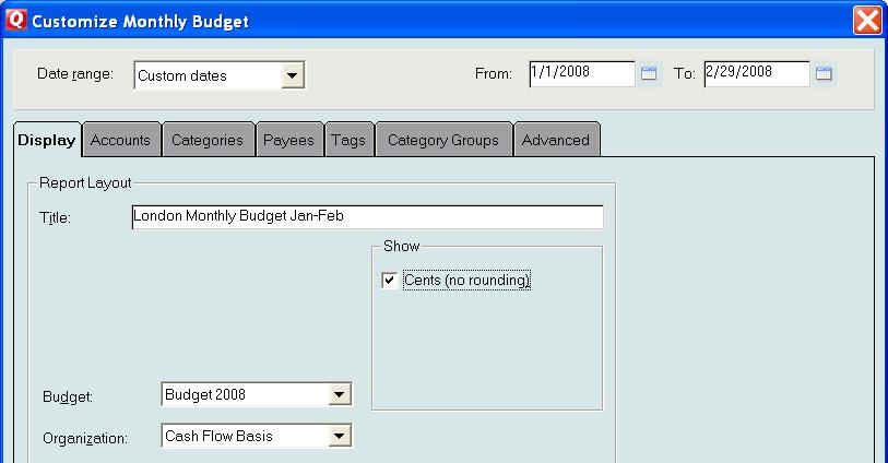 (Or from the main menu line, click Reports, Spending, Monthly Budget.) Click Customize Select Date Range: Custom Dates and type the starting date as 1/01/08 and the ending date as 2/29/08.