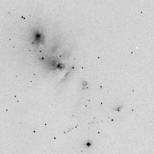 Figure 3: Digitized sky survey image of NGC 1333. The field of view is 15 15. North is up and east is to the left. because da is the fraction of the total area covered by absorbers.