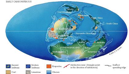 Late Paleozoic Paleogeography Mid-carboniferous Mississippian Pennsylvanian Gondwanaland collided with Eurasia (Hercynian) Extended Appalachians